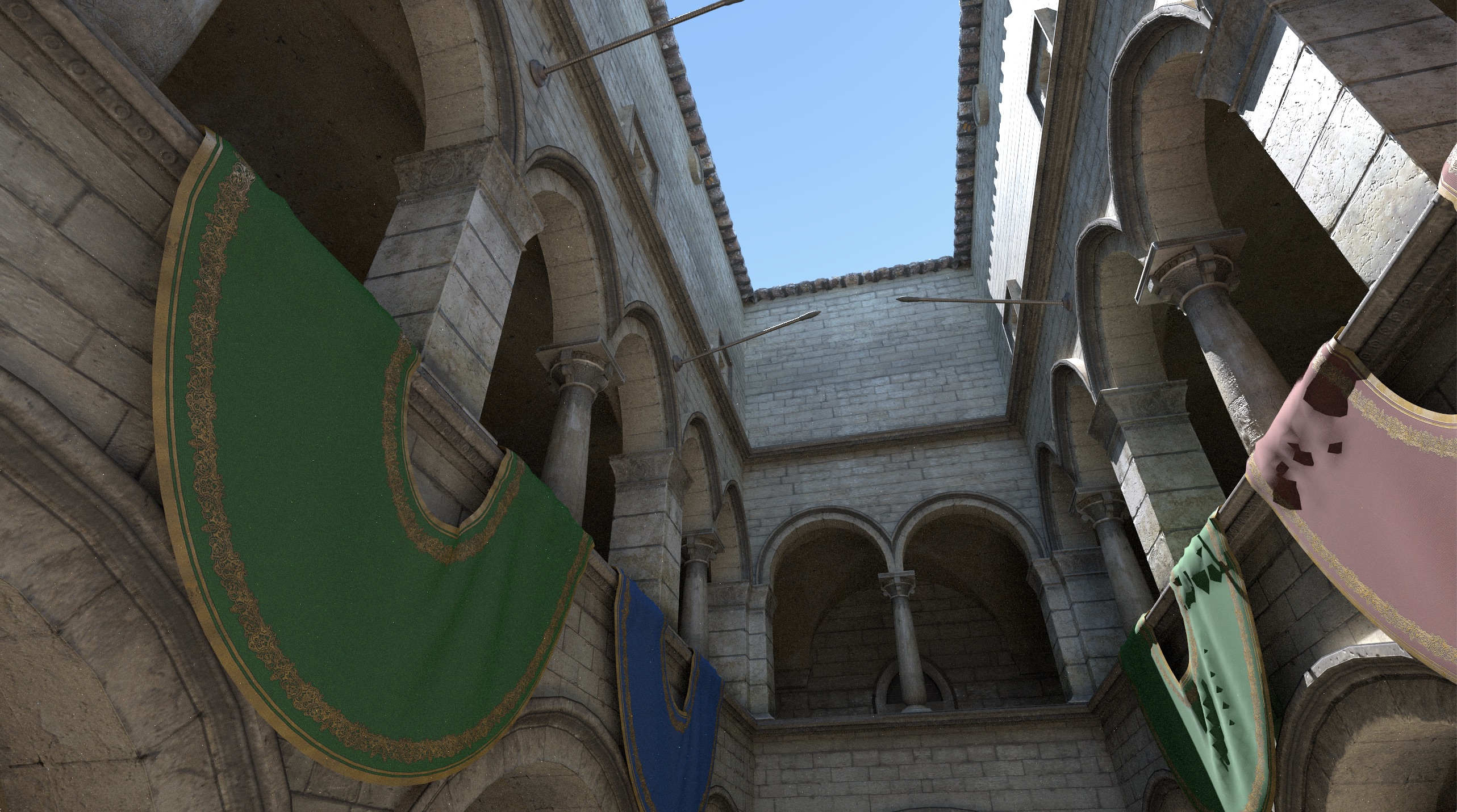 Sponza rendered from the same perspective by a path tracer